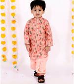 Little Bansi Full Sleeves Deer Print Kurta With Dhoti   Peach