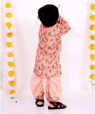 Little Bansi Full Sleeves Deer Print Kurta With Dhoti   Peach 2