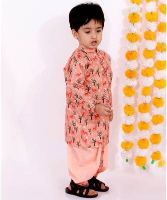 Little Bansi Full Sleeves Deer Print Kurta With Dhoti   Peach 3
