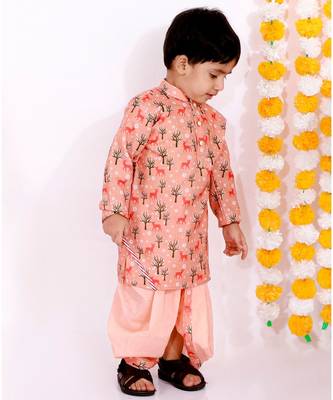 Little Bansi Full Sleeves Deer Print Kurta With Dhoti   Peach 4