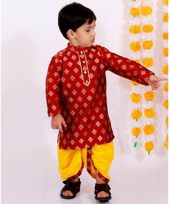 Little Bansi Full Sleeves Flower Design Lining Kurta With Dhoti    Maroon Yellow 1