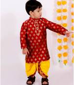 Little Bansi Full Sleeves Flower Design Lining Kurta With Dhoti    Maroon Yellow