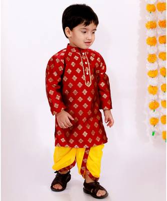 Little Bansi Full Sleeves Flower Design Lining Kurta With Dhoti    Maroon Yellow 2