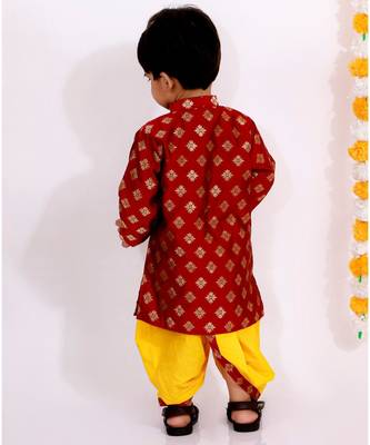Little Bansi Full Sleeves Flower Design Lining Kurta With Dhoti    Maroon Yellow 3