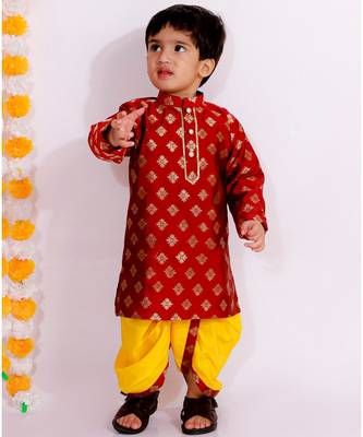 Little Bansi Full Sleeves Flower Design Lining Kurta With Dhoti    Maroon Yellow 4
