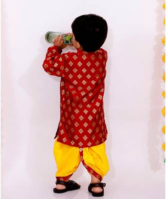 Little Bansi Full Sleeves Flower Design Lining Kurta With Dhoti    Maroon Yellow 5