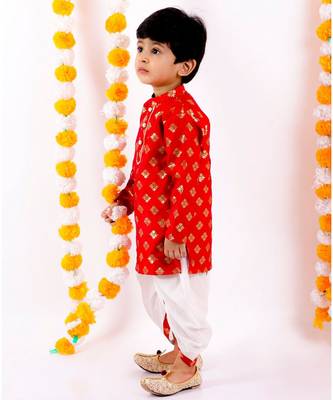 Little Bansi Full Sleeves Flower Motif Design Kurta With Dhoti    Red and Cream 2