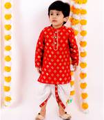Little Bansi Full Sleeves Flower Motif Design Kurta With Dhoti    Red and Cream
