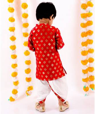 Little Bansi Full Sleeves Flower Motif Design Kurta With Dhoti    Red and Cream 3