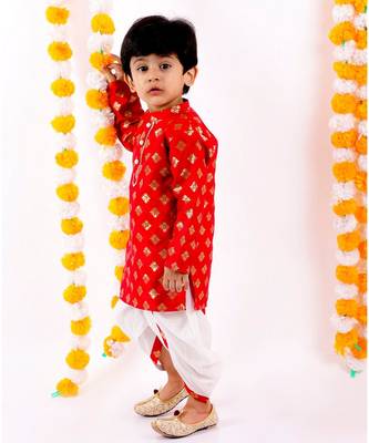 Little Bansi Full Sleeves Flower Motif Design Kurta With Dhoti    Red and Cream 4