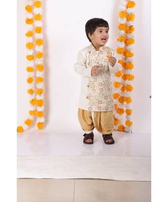 Little Bansi Full Sleeves Floral Embroidered Sherwani With Dhoti   Cream & Beige 3