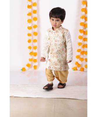 Little Bansi Full Sleeves Floral Embroidered Sherwani With Dhoti   Cream & Beige 1