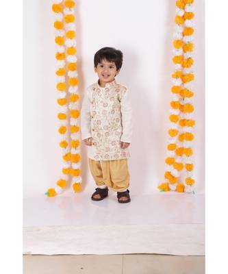 Little Bansi Full Sleeves Floral Embroidered Sherwani With Dhoti   Cream & Beige 4
