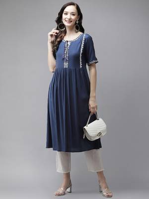 Blue plain rayon kurtas-and-kurtis 5