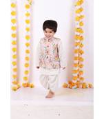 Little Bansi Full Sleeves Kurta With Floral Print Jacket & Dhoti   White & Cream