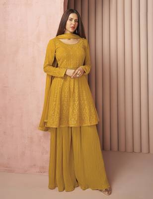 Yellow thread embroidery georgette salwar 1