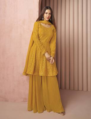 Yellow thread embroidery georgette salwar 2