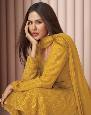 Yellow thread embroidery georgette salwar 4