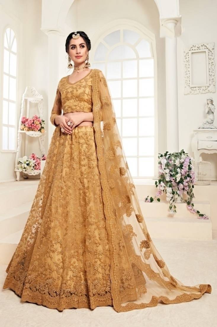 Gold Embroidered Net Semi Stitched Lehenga