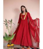 red cotton stitched  kurta  &   dupatta  &   bottom