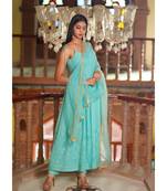 mint green goergette stitched  kurta  &   dupatta  &   bottom