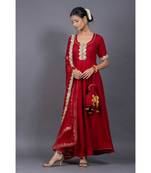 red cotton stitched  kurta  &   dupatta  &   bottom