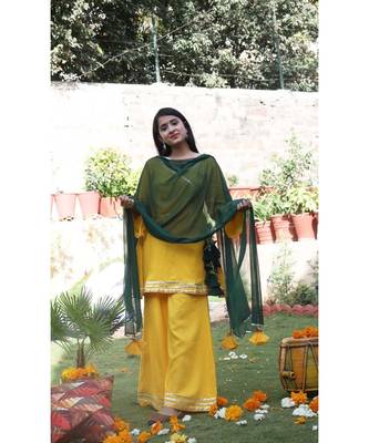 yellow cotton stitched  kurta  &   dupatta  &   bottom 2