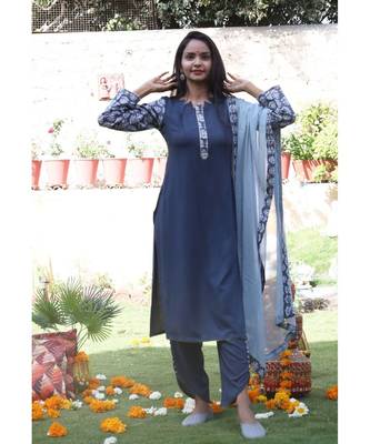 grey cotton stitched  kurta  &   dupatta  &   bottom 1