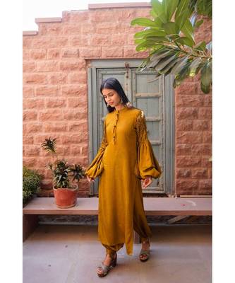 golden cotton stitched   kurta  &   bottom 1