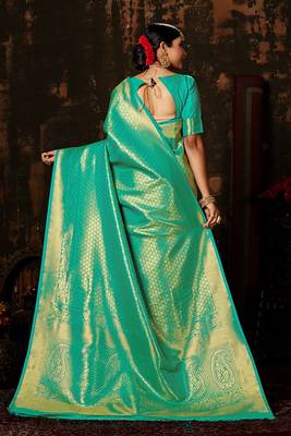 SKY COLOR Designer Kanchipuram Handloom Weaving WOVEN SILK BLEND Saree 2