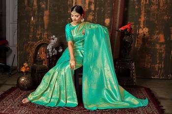 SKY COLOR Designer Kanchipuram Handloom Weaving WOVEN SILK BLEND Saree 3