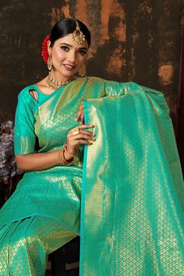 SKY COLOR Designer Kanchipuram Handloom Weaving WOVEN SILK BLEND Saree 4
