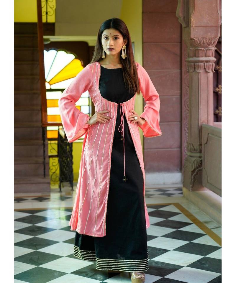 Black::Pink cotton stitched dress & jaacket