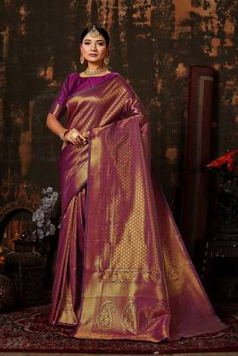 PURPLE Color Designer Kanchipuram Handloom WOVEN SILK BLEND Saree 2