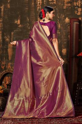 PURPLE Color Designer Kanchipuram Handloom WOVEN SILK BLEND Saree 3