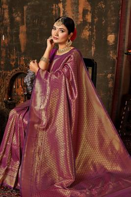 PURPLE Color Designer Kanchipuram Handloom WOVEN SILK BLEND Saree 4