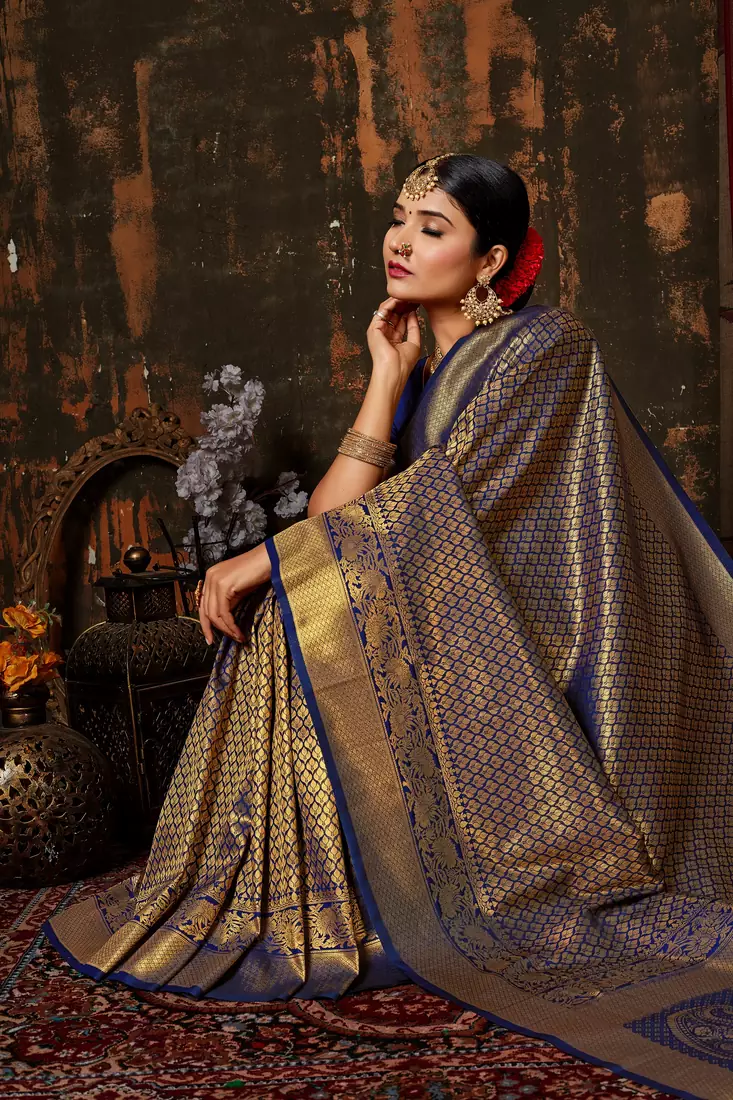 BLUE Color Designer Kanchipuram Handloom Weaving Silk Saree