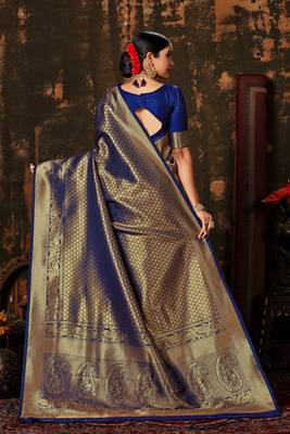 BLUE Color Designer Kanchipuram WOVEN SILK BLEND Handloom Weaving Silk Saree 3