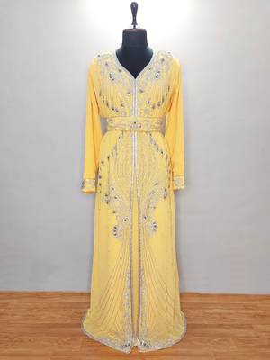 Yellow Moroccan Kaftan With Sun-proof hijab 1