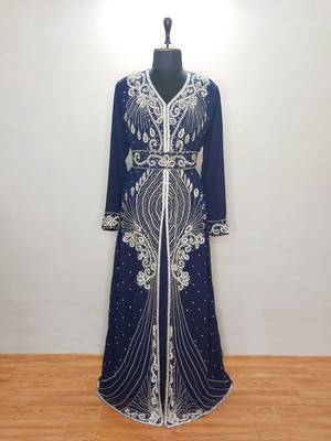 Navy blue Moroccan Kaftan With Sun-proof hijab 1