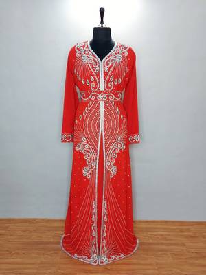 Red Moroccan Kaftan With Sun-proof hijab 1