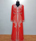 Red luxurious Moroccan Kaftan With Sun-proof hijab.