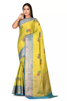 Yellow woven cotton saree with blouse