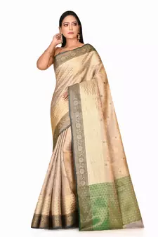 Beige woven cotton saree with blouse