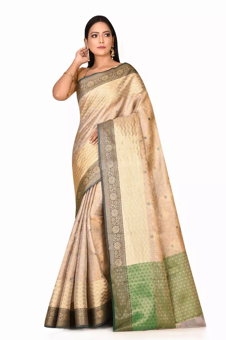 Beige woven cotton saree with blouse