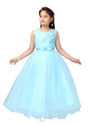 Turquoise embroidered net kids-girl-gowns 1