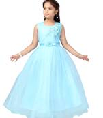 Turquoise embroidered net kids-girl-gowns