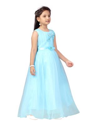 Turquoise embroidered net kids-girl-gowns 2
