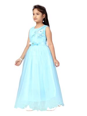 Turquoise embroidered net kids-girl-gowns 3