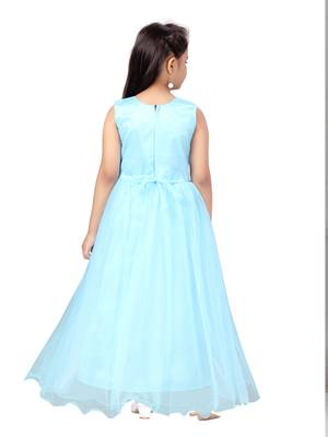 Turquoise embroidered net kids-girl-gowns 4